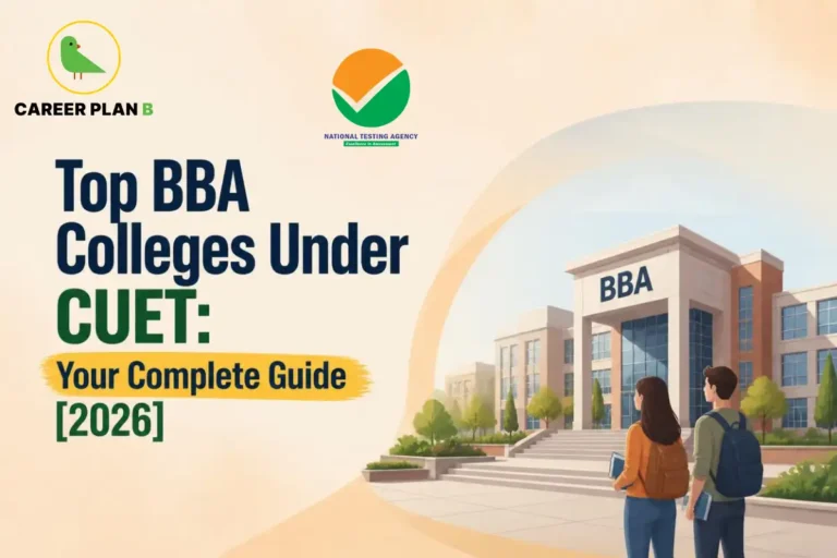 Students outside a BBA college with CUET admission information.