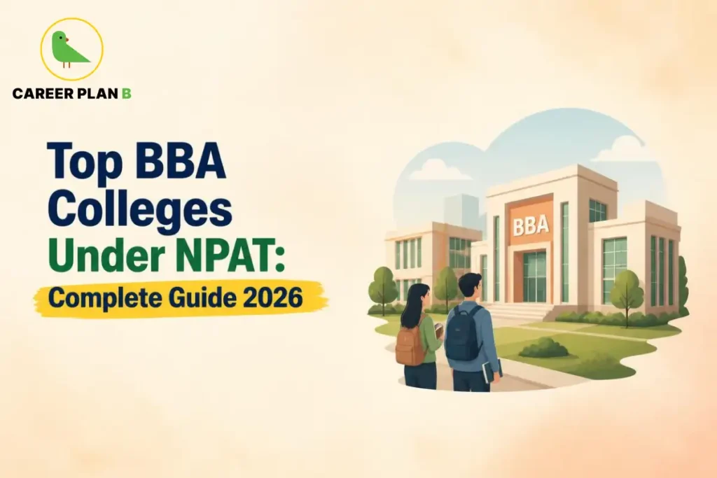 Two students viewing a BBA campus while exploring NPAT college options.
