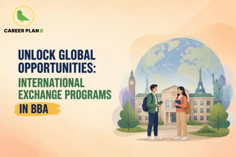 Students discussing international BBA exchange opportunities with global landmarks behind them.
