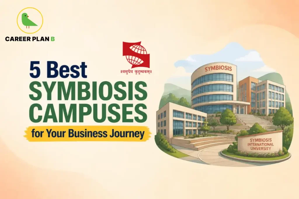 Symbiosis campus buildings presented as options for business education.
