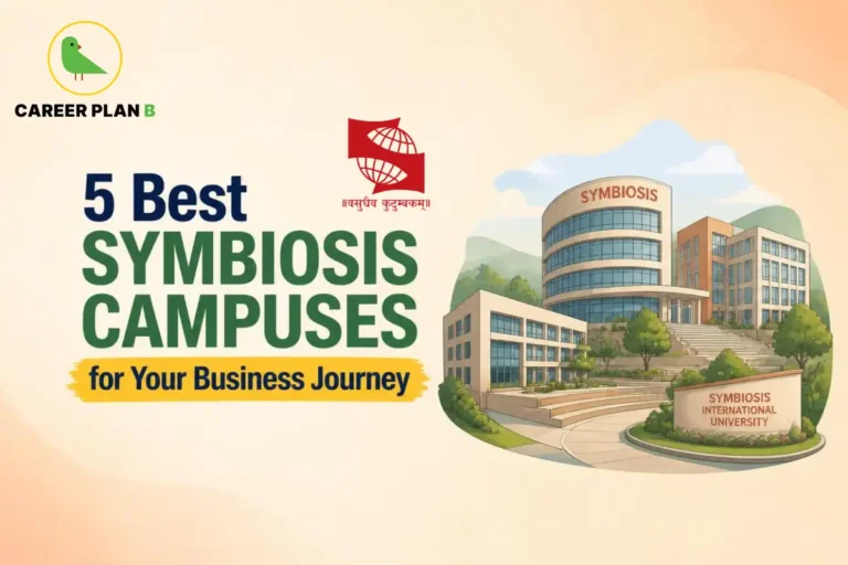 Symbiosis campus buildings presented as options for business education.
