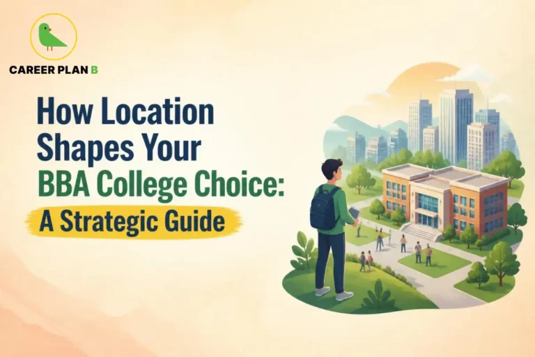Student reviewing a BBA campus surrounded by an urban city setting.