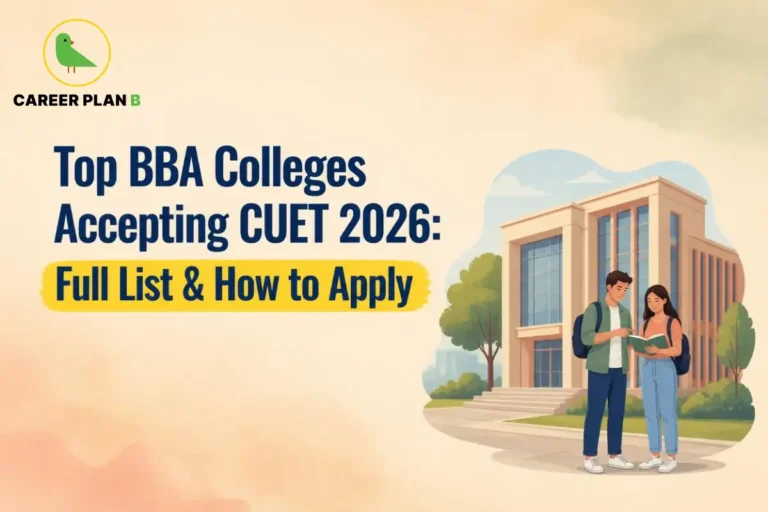 Two students discussing CUET-based BBA college options outside a campus.