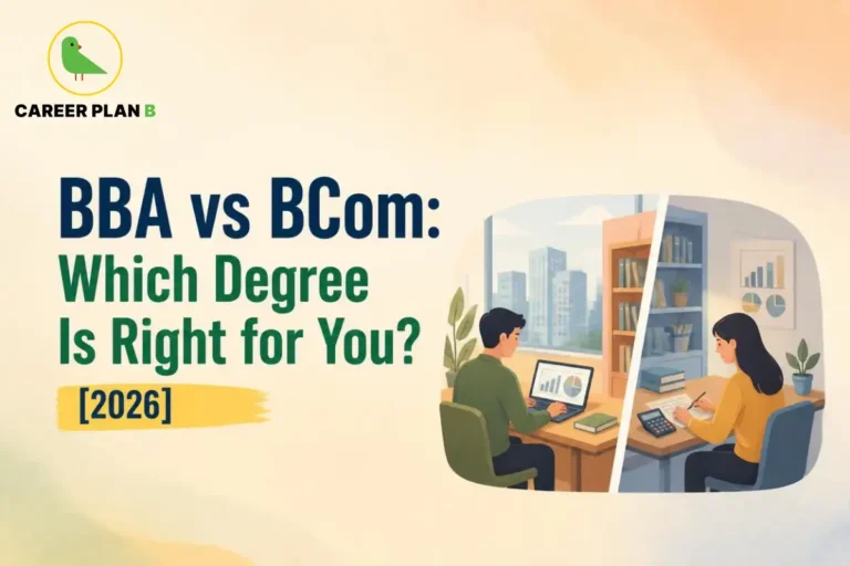 Split illustration showing students studying business and commerce subjects for a BBA versus BCom comparison.