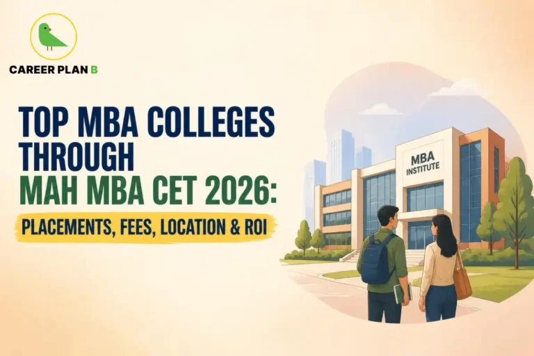 Students outside an MBA institute representing MAH MBA CET college options for 2026.