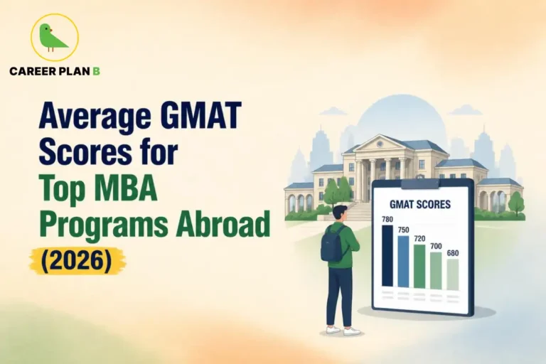 Student reviewing average GMAT scores for top MBA programs abroad with a score comparison chart.