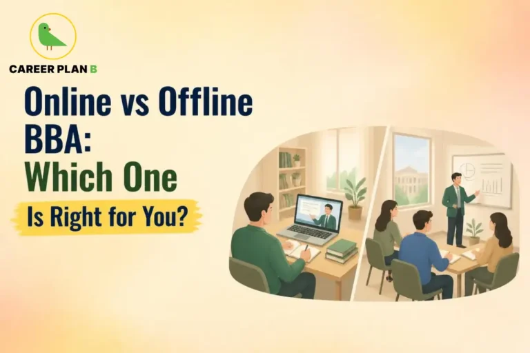 Student comparing online and offline BBA learning through virtual classes and traditional classroom education.
