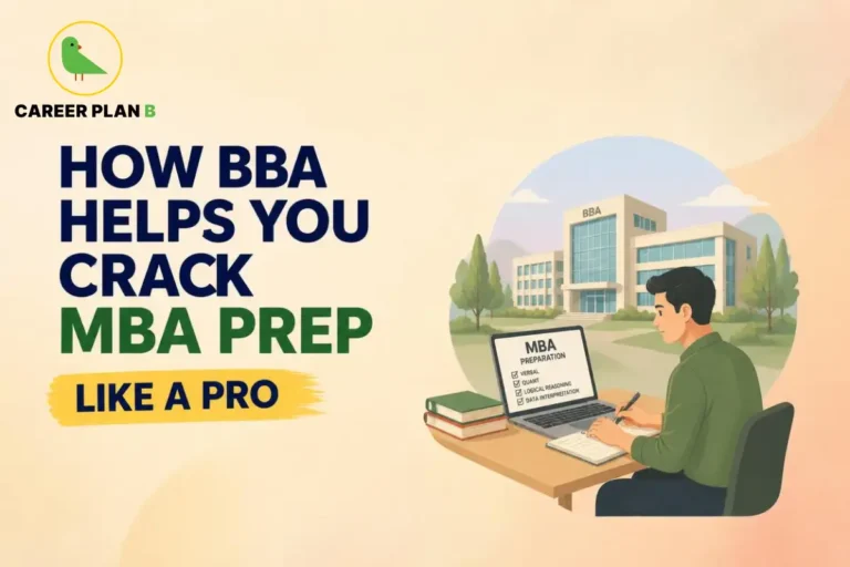 BBA student preparing for MBA entrance exams using study materials and an MBA preparation checklist.