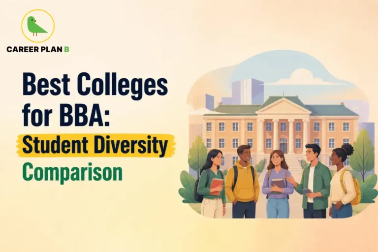 Diverse group of BBA students interacting and studying together on a college campus.