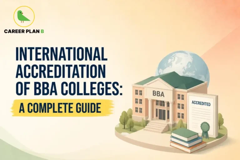 BBA college building with an international accreditation certificate representing global academic standards.