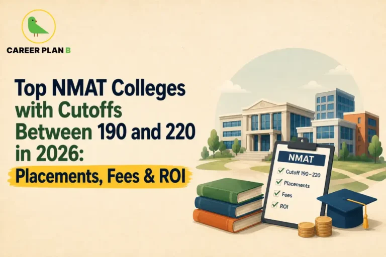 Top NMAT colleges with 190 to 220 cutoff range, featuring college buildings, placement, fees and ROI indicators.