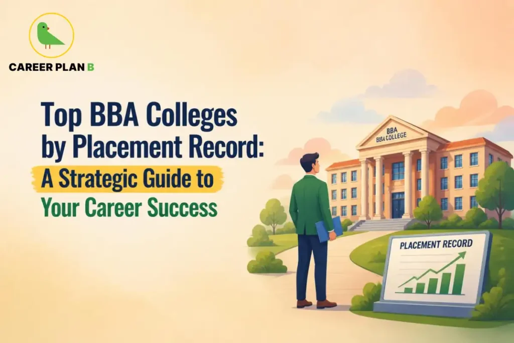 Top BBA colleges by placement record with a student viewing career opportunities and placement growth.