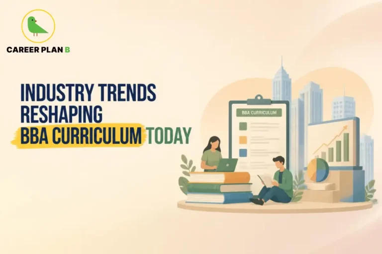 Industry trends reshaping the BBA curriculum, with students, business education, and market growth charts.