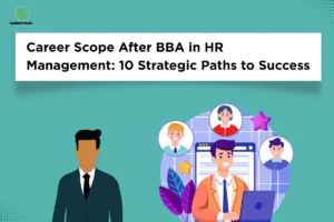 HR management career concept with professionals, a laptop, and workplace recruitment imagery.