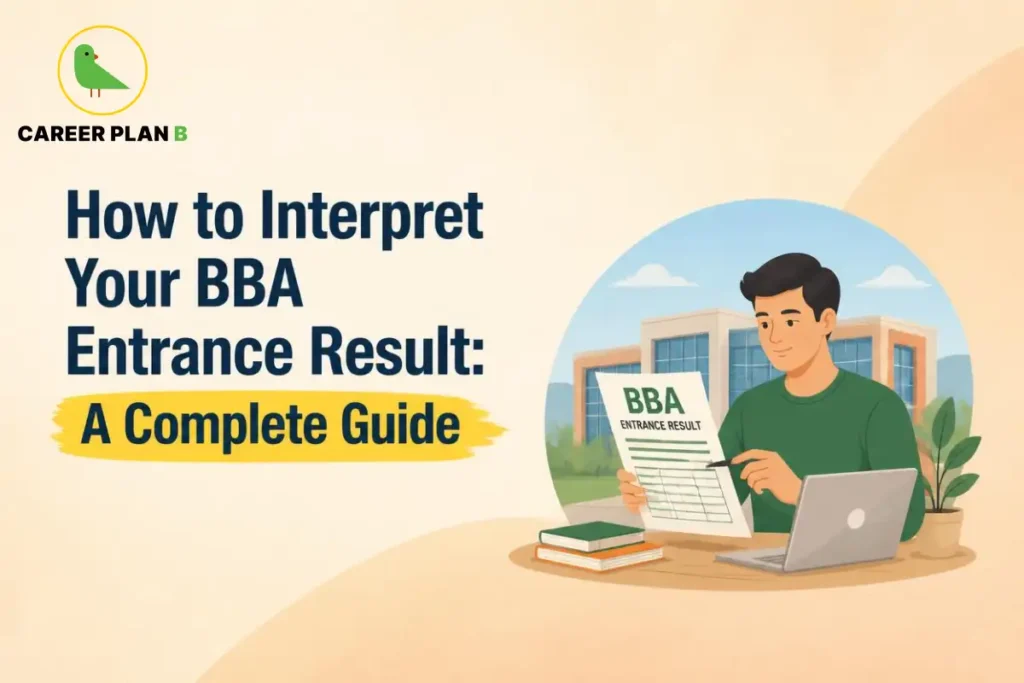 Student reviewing a BBA entrance result on a laptop with an entrance result document.
