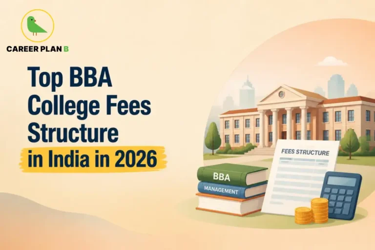 BBA college fee structure in India illustrated with a college campus, fee document, calculator, and money.