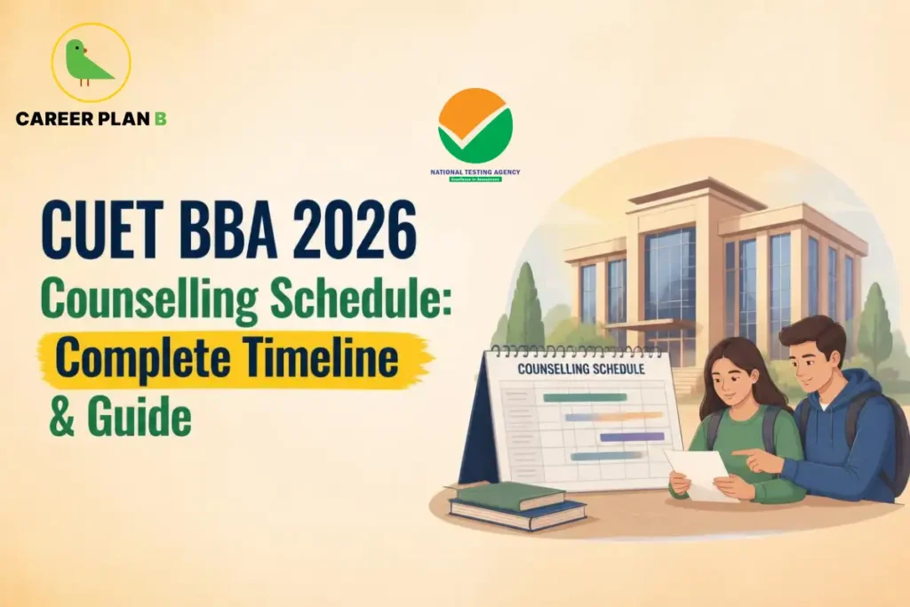 CUET BBA 2026 counselling schedule illustrated with students, a counselling timeline, and a college campus.