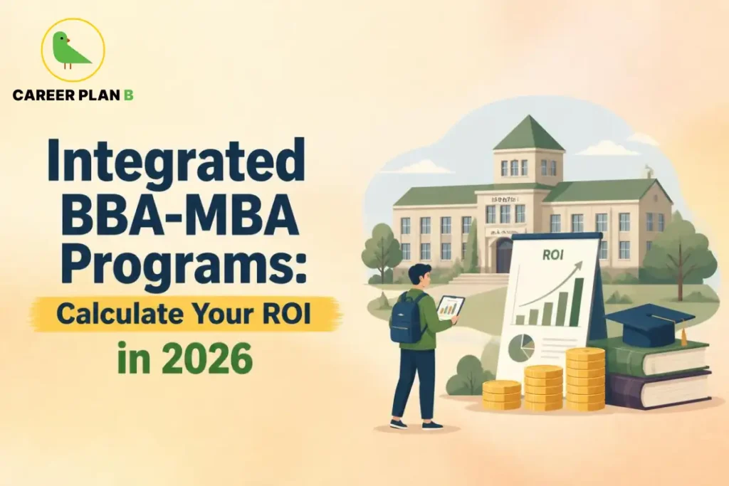 Integrated BBA-MBA program ROI illustrated with a student, business school, graduation cap, coins, and a growth chart.