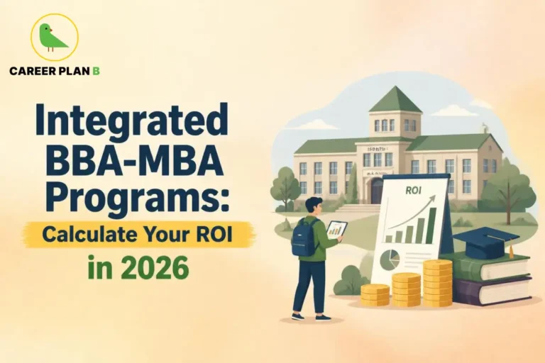 Integrated BBA-MBA program ROI illustrated with a student, business school, graduation cap, coins, and a growth chart.
