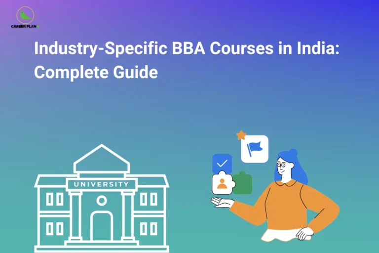 Industry-specific BBA courses represented by a university building and a professional with career icons.