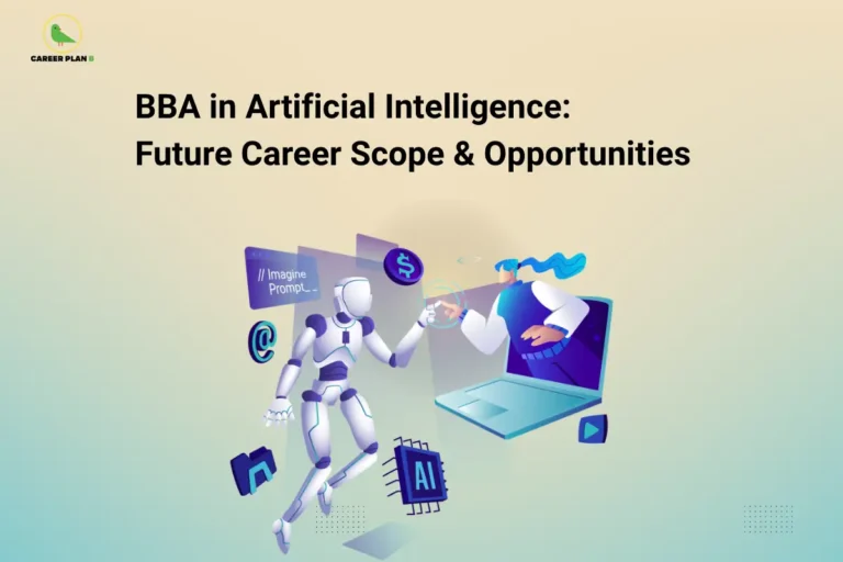 BBA in artificial intelligence illustrated with a humanoid robot, laptop, AI chip, and digital icons.