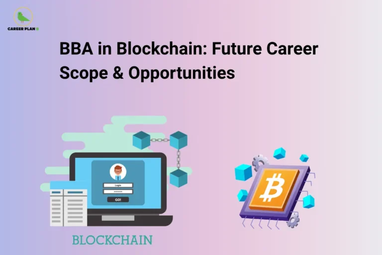 BBA in blockchain illustrated with connected blocks, a digital login screen, and a cryptocurrency symbol.