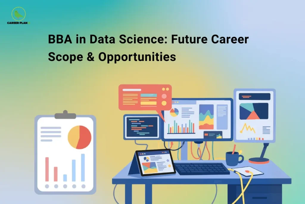 BBA in data science illustrated with dashboards, charts, code, and analytical reports.