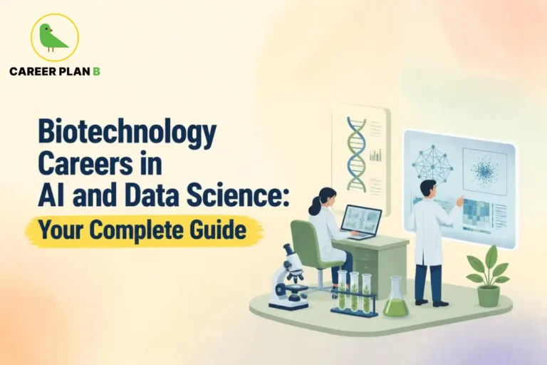 Biotechnology careers in AI and data science, showing professionals using genomic data, laboratory equipment, and data analytics