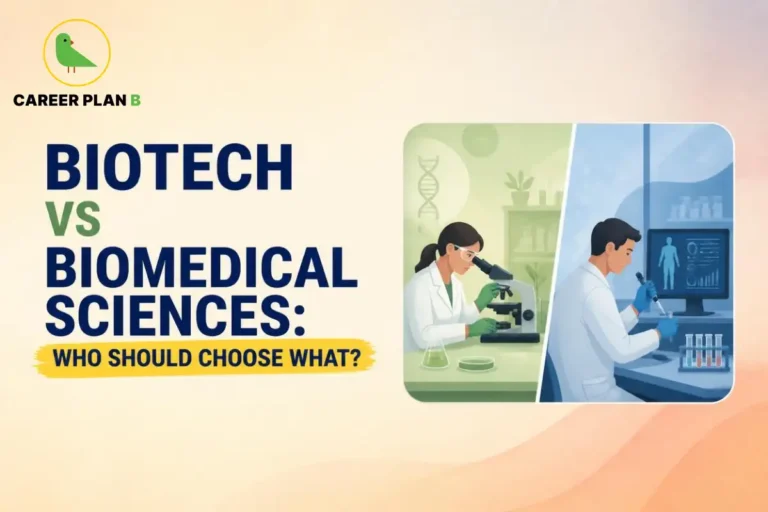 Biotech vs biomedical sciences career comparison showing laboratory research, microscopy, and healthcare science applications