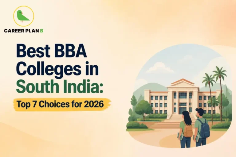 Students stand outside a modern BBA campus in a South India college setting