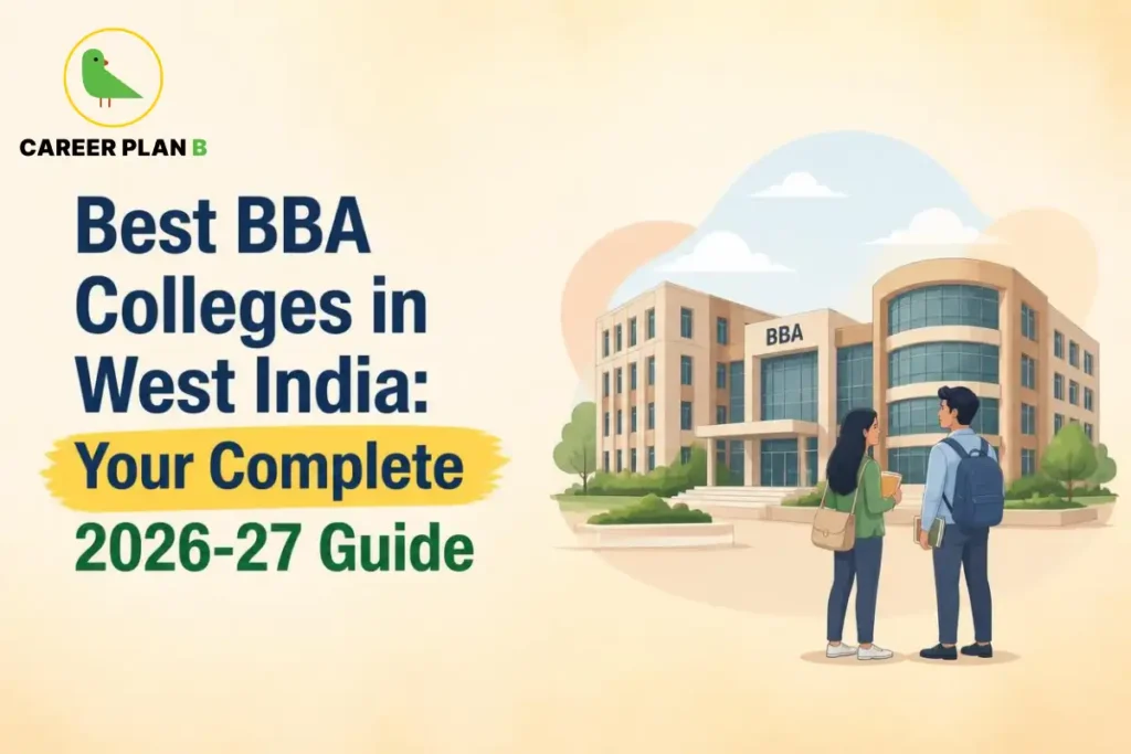 Two students explore a modern BBA campus representing West India institutions