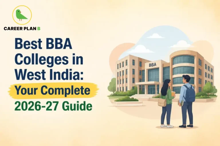 Two students explore a modern BBA campus representing West India institutions
