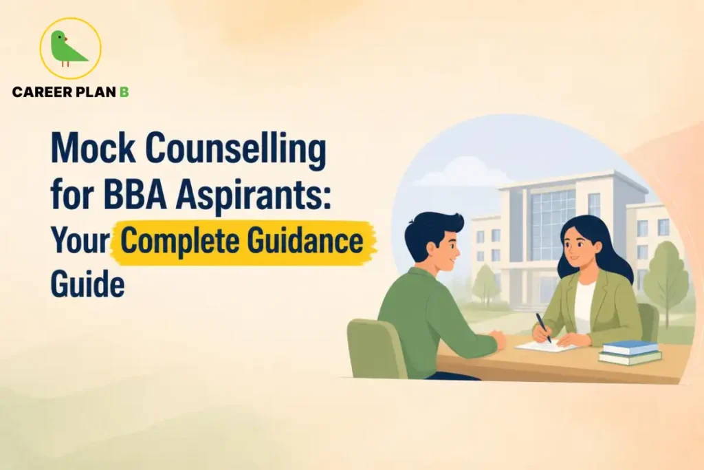 Mock counselling for BBA aspirants studying with laptop beside a scholarship award and BBA books for BBA students 2026