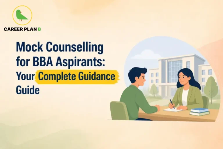 Mock counselling for BBA aspirants studying with laptop beside a scholarship award and BBA books for BBA students 2026