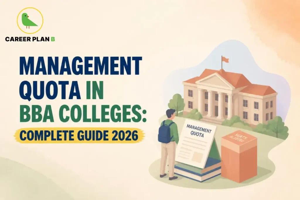 Student reviewing management quota information beside a BBA college and seat availability chart