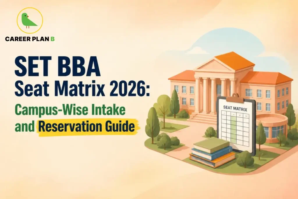SET BBA seat matrix graphic showing campus intake, reservation details, and college buildings
