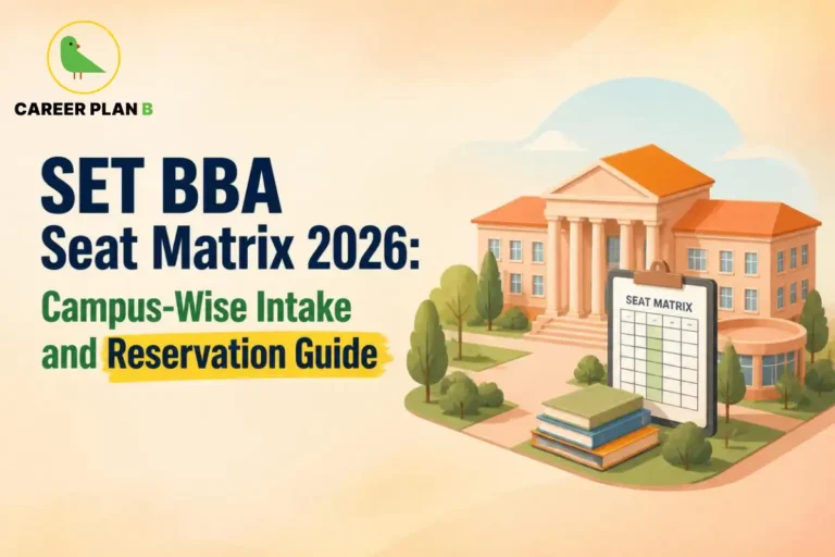 SET BBA seat matrix graphic showing campus intake, reservation details, and college buildings