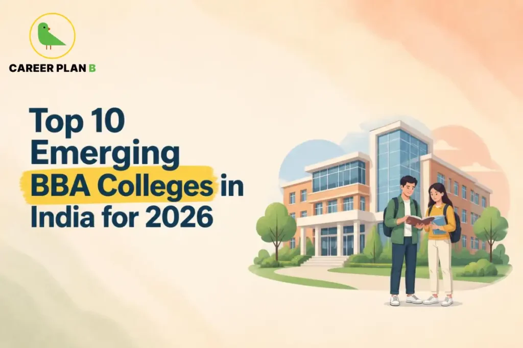 Two students exploring an emerging BBA college campus with modern academic facilities