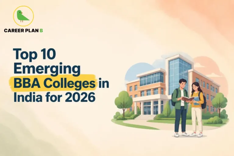 Two students exploring an emerging BBA college campus with modern academic facilities