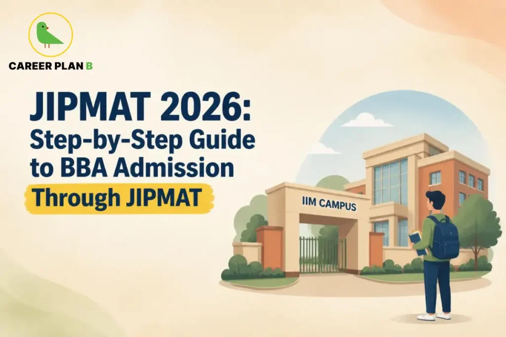 Jipmat 2026 BBA admission guide showing a student approaching an IIM campus.