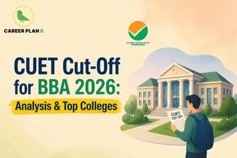 Cuet cut-off for BBA 2026 represented by a student reviewing admission scores near a college.