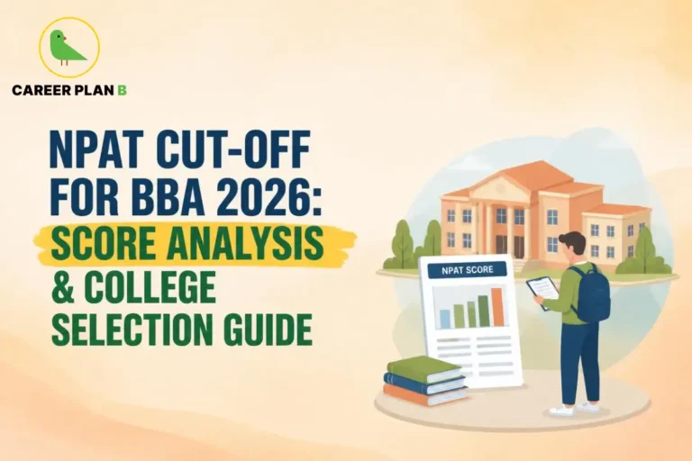 Npat cut-off for BBA 2026 shown with a student reviewing a score chart and college options.