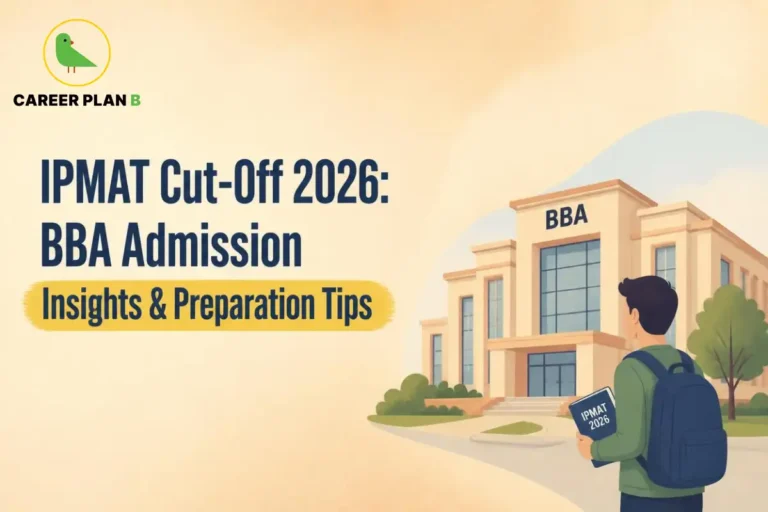Ipmat cut-off 2026 graphic showing a student reviewing BBA admission information at a campus.