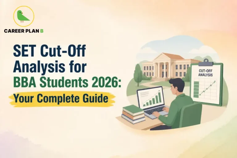 Set cut-off analysis for BBA students with a student studying a score chart on a laptop.