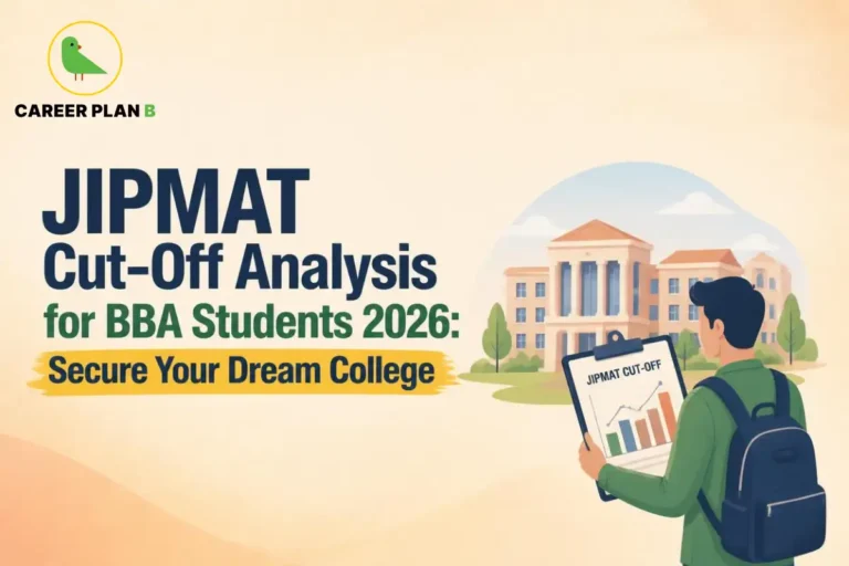 Jipmat cut-off analysis for BBA students shown on a score chart outside a college campus.