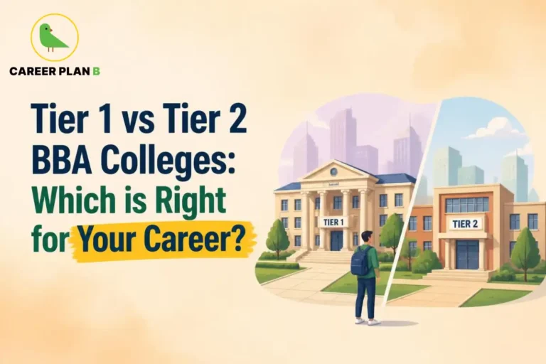 Tier 1 and Tier 2 BBA colleges shown side by side for comparison.