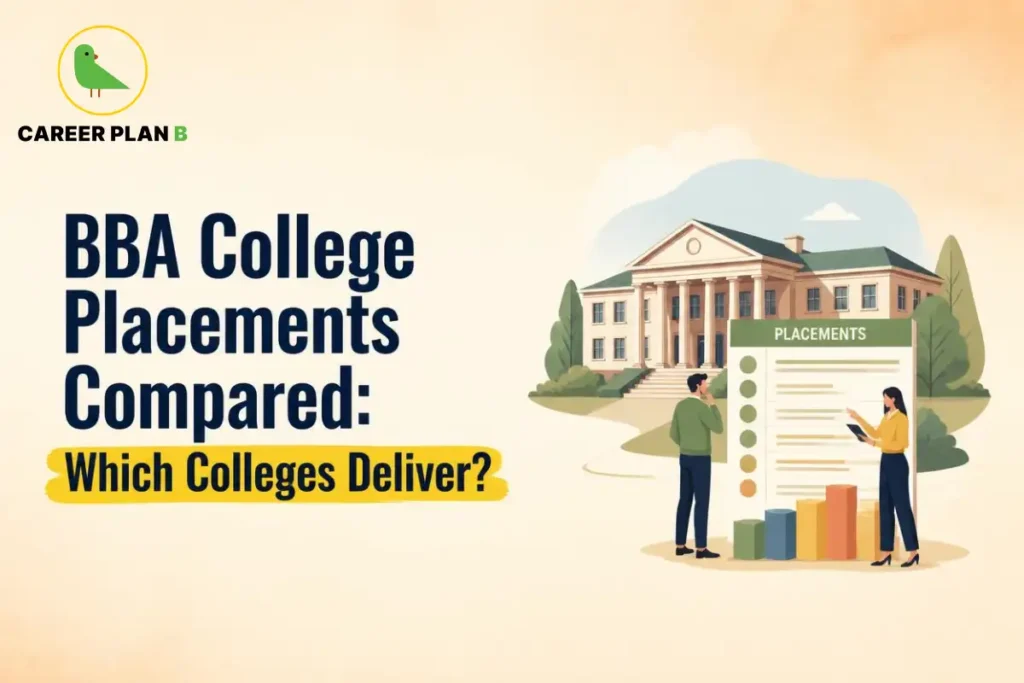 BBA college placements compared using a campus scene and a placement performance chart.