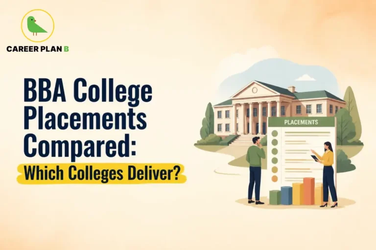 BBA college placements compared using a campus scene and a placement performance chart.