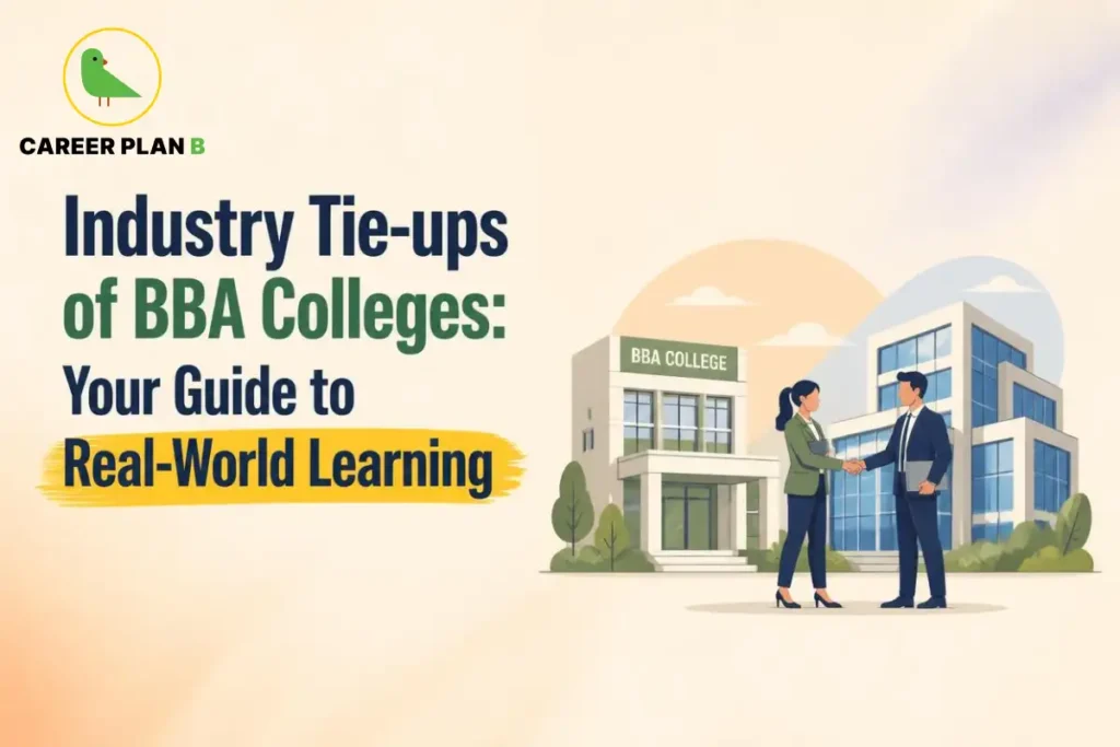 BBA college industry tie-ups illustrated by students meeting business professionals on campus.