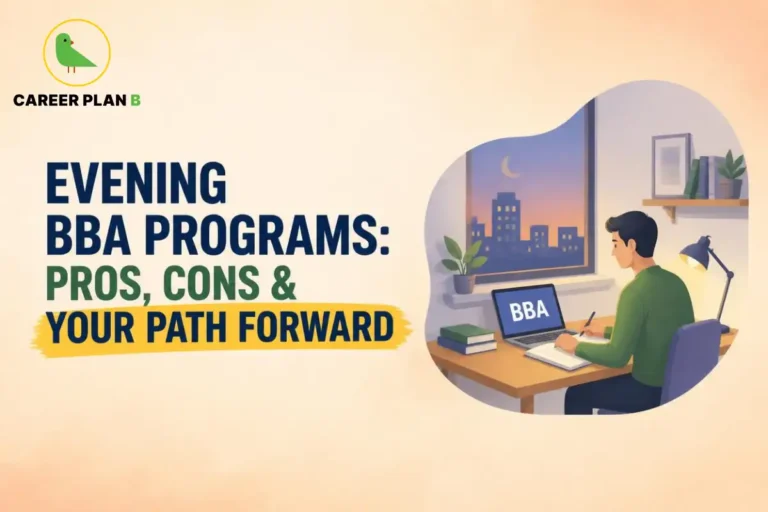 Evening BBA programs shown with a student studying at a desk at night.